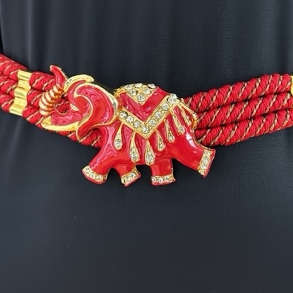 🛑🛑SOLD 🌸Vintage Gutos Red Rhinestone Elephant Stretch Belt - Picture 3 of 17
